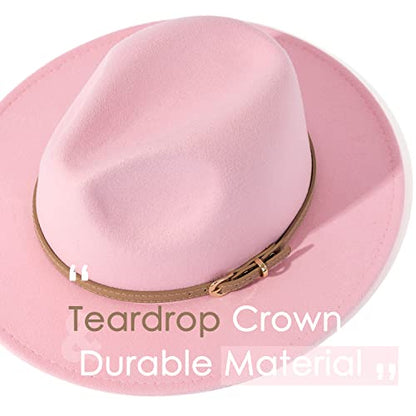 Lisianthus Women Classic Felt Fedora Wide Brim Hat with Belt Buckle - color: Pink