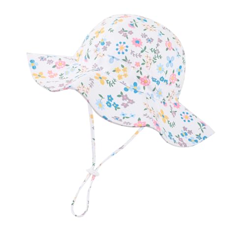 Baby Girl Sun Hat Toddler Beach Hats with UPF 50+ Protective Infant Summer Hat with Wide Brim Baby Girls Bucket Hat - color: Pink Flower + White Flower, size: 0-6 Months
