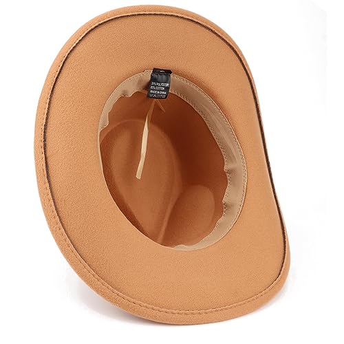 DRESHOW Women Men Classic Felt Wide Brim Western Cowboy & Cowgirl Cap Belt Buckle Retro Panama Hat Unisex Rolled up Caps - color: 1 Pack Style 1: Khaki (Hat Circumference: 22-22.8")