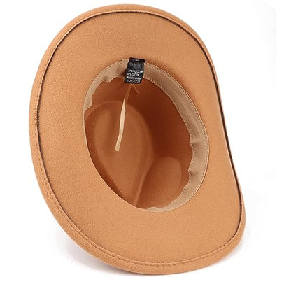 DRESHOW Women Men Classic Felt Wide Brim Western Cowboy & Cowgirl Cap Belt Buckle Retro Panama Hat Unisex Rolled up Caps - color: 1 Pack Style 1: Khaki (Hat Circumference: 22-22.8")