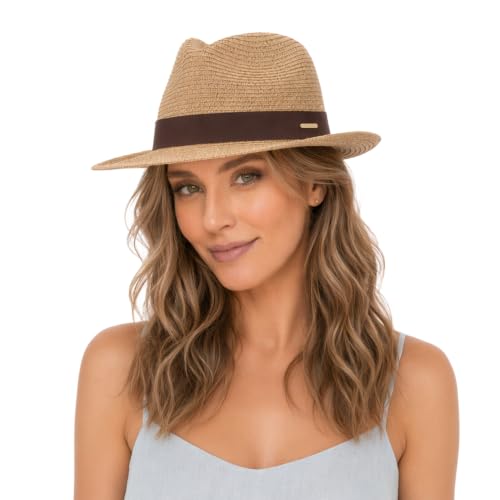 Straw Panama Hat for Men Women, Beach Sun Fedora Hat - color: Khaki-brown
