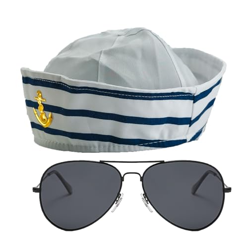 Sailor Hat Captain Navy Hat Adjustable Width Blue with White Sail Hats for Men Women Halloween Dressing Up Party Navy Costume Accessory