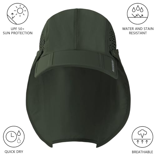 BASSDASH UPF 50+ Fishing Hat, Baseball Cap with Removable Neck Flap - color: Army Green With Foldable Brim