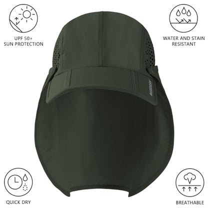 BASSDASH UPF 50+ Fishing Hat, Baseball Cap with Removable Neck Flap - color: Army Green With Foldable Brim