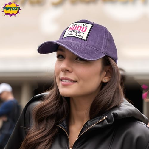 Popfizzy Funny Hats for Men and Women, Fun Adult Baseball Cap, Funny Birthday Gifts for Women and Men, Cool Dad Hat Gift Idea - color: No Hood Like Motherhood (Purple)