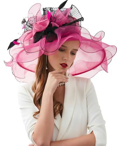 ORIDOOR Women Hats Headband Hairpin Organza Fascinator Church Hat Floral Tea Party Wedding Hat - color: 003d Rose