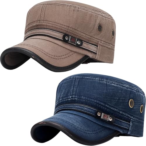 Cadet Army Hat 2 Pieces Flat Top Cap Unisex Military Hat for Women Men - color: Navy E + Brown E