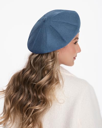 Women's Knitted Beret, French Style Double Layer Winter Autumn Warm and Soft Beanie Hat Cap - color: Denim Blue