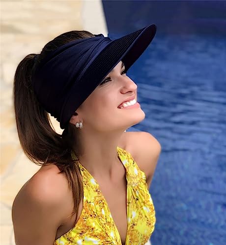 Sun Hat Women Beach Visor Cap UV Protection with Wide Brim Packable Summer Sport Ponytail Sun Cap - color: Navy Blue