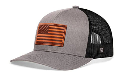 HAKA American Flag Hat | USA Mesh Trucker Snapback Comfort Baseball Cap - color: Gray & Black, style: American Flag (Leather)