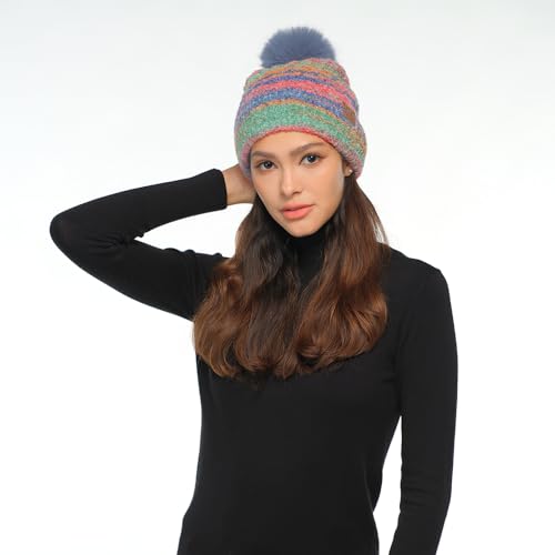 C.C Multi Color Space Dye Wool Stretchable Soft Warm Pom Beanie with Faux Fur Pom Knit Winter Skully Hat. - color: Red Combo