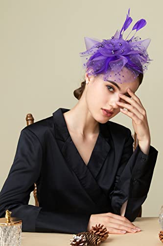 BABEYOND Fascinators Hats for Women Tea Party Flower Tulle Bead Derby Hat - color: Purple