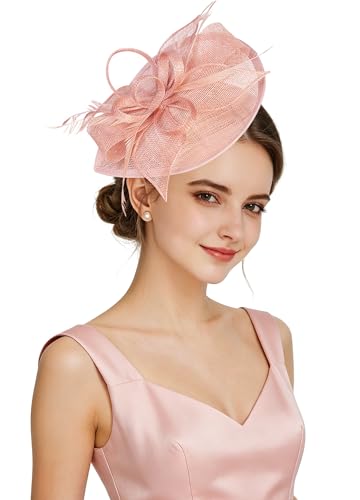 Z&X Sinamay Fascinator Hat Floral Feather Pillbox Derby Hats for Women Wedding Tea Party with Headband Clip - color: 016 Peach Pink