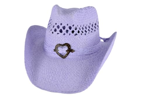Women's Straw Cowboy Hat with Shapeable Brim, Wooden Heart Accent - color: Lavender