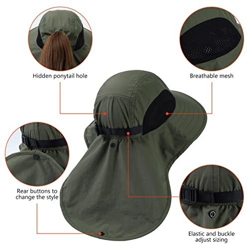 BASSDASH UPF 50+ Unisex Water Resistant Wide Brim Sun Hat with Large Neck Flap Ponytail Fishing Hat for Men Women - color: Army Green
