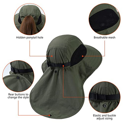 BASSDASH UPF 50+ Unisex Water Resistant Wide Brim Sun Hat with Large Neck Flap Ponytail Fishing Hat for Men Women - color: Army Green