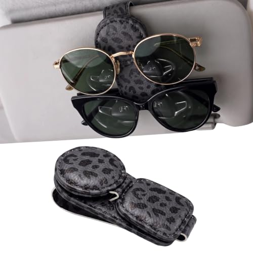 Dual Clip Car Sunglasses Holder, Applicable to Most Eyeglasses, Magnetic Leather Sun Glasses Mount Clip on Visors, Holds 2 Pairs of Glasses, Car Interior Visor Accessories (Leopard-Black)
