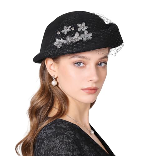 Vintage Wool Felt Cloche Bucket Bowler Hat Women Church Wedding Fascinator Formal Dress Hat Winter Fedoras - color: Black-35