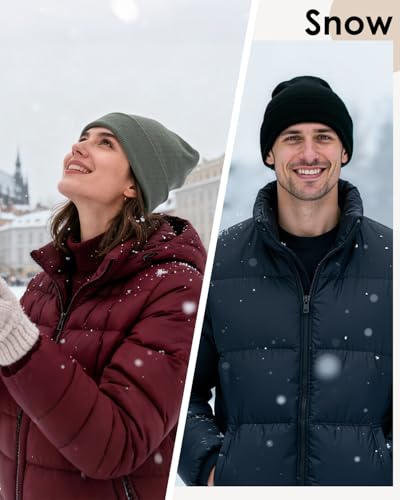 Century Star Men's Fleece-Lined Beanie Winter Knit Hat - Stretchable, Warm, Windproof, Unisex Cuffed Ski Cap for Sports - color: Light Grey