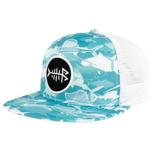 BASSDASH Flat Brim Trucker Cap Adjustable Snapback Hat Mesh Back for Men Women - color: Fish Camo