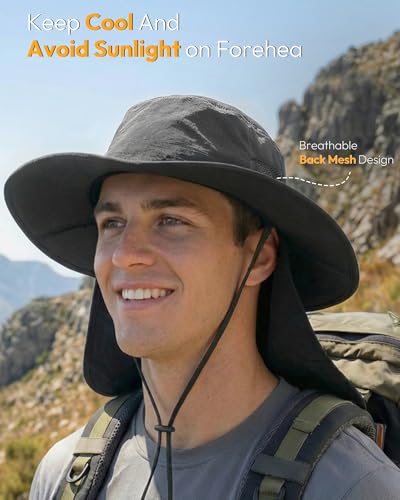 Sun Hats for Men Wide Brim Bucket Hat with Neck Flap for Fishing & Hiking Mens Sun Hat for UV Protection - color: Dark Grey