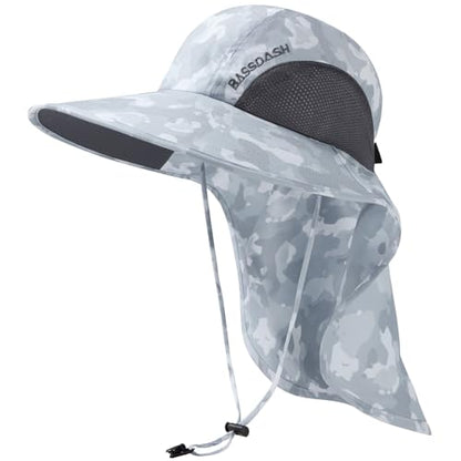 BASSDASH UPF 50+ Unisex Water Resistant Wide Brim Sun Hat with Large Neck Flap Ponytail Fishing Hat for Men Women - color: Light Grey Camo