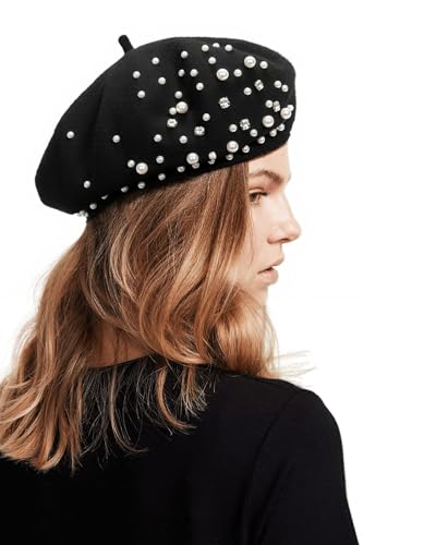 Women Wool Beret Hat, Classic French Artist Hat, Winter Warm Hat for Ladies - color: Black and Rhinestone