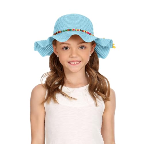Girls Straw Hat with Flower Round Sunglasses, Summer Foldable Large Brim Sunflower Bowknot Beach Toddler Straw Sun Hat, 2-6T - color: Blue
