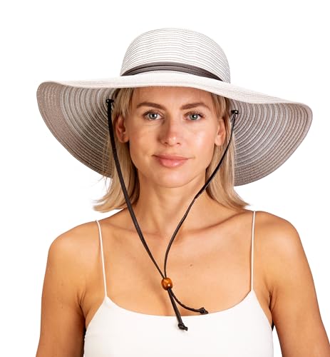 Sloggers Women's Wide Brim Braided Sun Hat with Wind Lanyard - UPF 50+ Maximum Sun Protection - color: Duo Grey