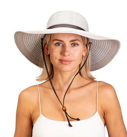 Sloggers Women's Wide Brim Braided Sun Hat with Wind Lanyard - UPF 50+ Maximum Sun Protection - color: Duo Grey