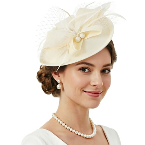 DRESHOW Fascinators Hats for Women Tea Party Hat Vintage Derby Pillbox Kentucky Hat Church Cocktail Headwear - color: 9.5" Diameter / Beige