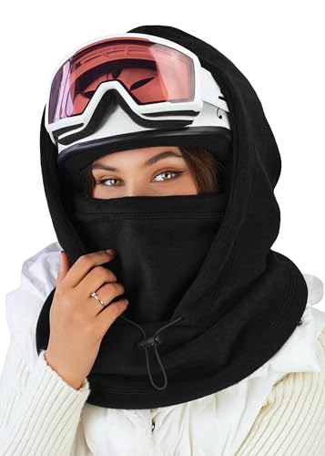Fleece Balaclava Over Helmet - Warm Helmet Ninja Hood - Snowboard Hooded Hat Neck Gaiter Ski Mask - color: Black, size: One Size
