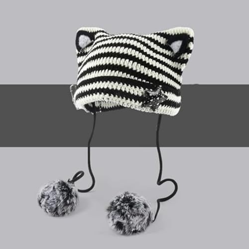 Women Kawaii Cat Ear Beanie Hat with Star Pom Poms Y2K Cute Crochet Goth Grunge Emo Alt Accessories Knit Slouchy Hat - color: White Black