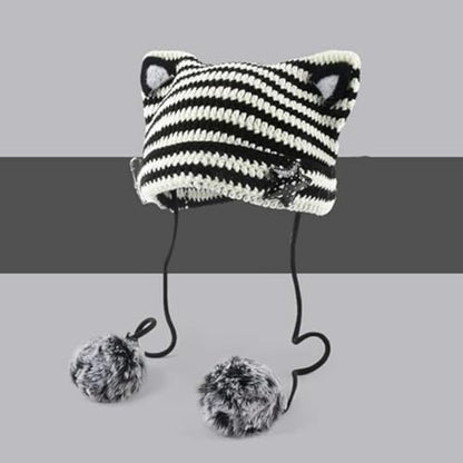 Women Kawaii Cat Ear Beanie Hat with Star Pom Poms Y2K Cute Crochet Goth Grunge Emo Alt Accessories Knit Slouchy Hat - color: White Black
