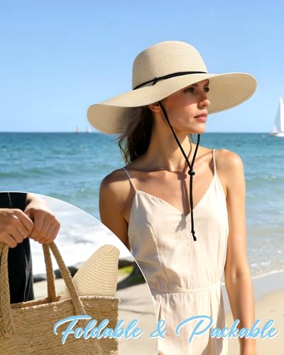 Sun Hats for Women, Summer Wide Brim Straw Beach Hat - color: Beige Khaki, size: X-Large