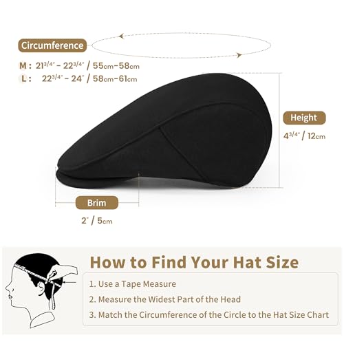 Men's Adjustable Newsboy Hat Classic Flat Gatsby Cabbie Ivy Cap for Golf Driving Winter - color: Black, size: Medium