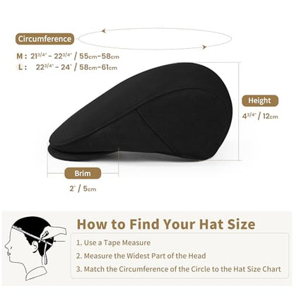 Men's Adjustable Newsboy Hat Classic Flat Gatsby Cabbie Ivy Cap for Golf Driving Winter - color: Black, size: Medium