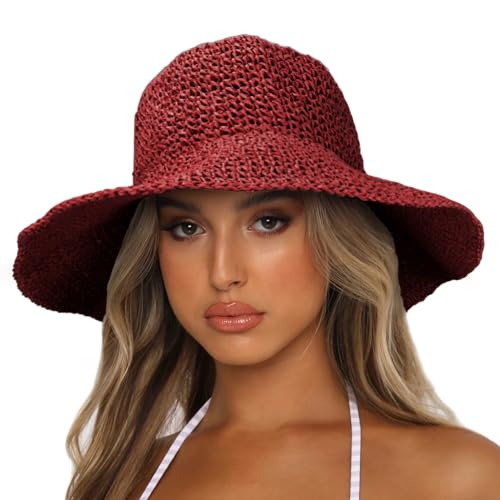 Womens Sun Hats Wide Brim Summer Beach Hat for Women Foldable Travel Straw Hat UPF50+ - color: A-red