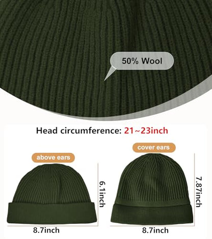 Wool Fisherman Beanie for Men Wome, Thin Knit Winter Hats Skull Cap - color: Army Green
