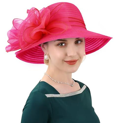 DRESHOW Lady Derby Dress Church Bowler Cloche Hat Bowknot Organza Bridal Cap for Wedding - color: 1 Pack Bowler Hat: Rose