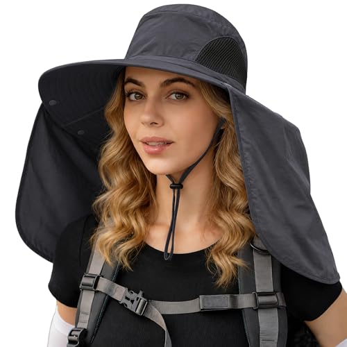 HUAMULAN Women Men Wide Brim Sun Hat Hiking Fishing Hats with Neck Flap - color: Yq005-darkgray