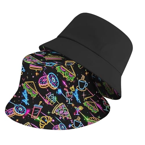 Amasnay Neon Bucket Hat Cotton Double-Side-Wear Reversible Sun Hat for Women Men, Summer Vacation Travel Beach Fisherman Hat - color: Neon Food Funny