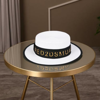 2026 New Viral Influencer Letter Band Boater Straw Sun Hat for Women Wide Brim UV Protection Beach Vacation Essentials - color: White