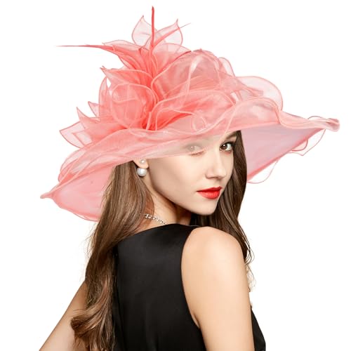 2026 Derby Hat, Classy Sun Hats for Women Ladies, Organza Feather Kentucky Fascinator for Tea Party Church UV Protection - color: 3s10-3700-pink