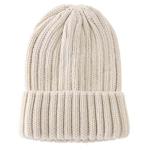 Connectyle Women's Rib Knit Cuffed Beanie Hat Stretch Acrylic Winter Hat Thick Warm Snow Ski Cap - color: Beige