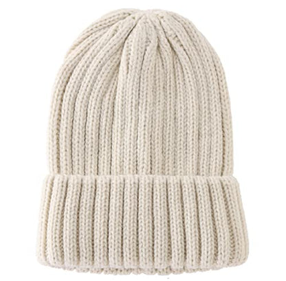 Connectyle Women's Rib Knit Cuffed Beanie Hat Stretch Acrylic Winter Hat Thick Warm Snow Ski Cap - color: Beige