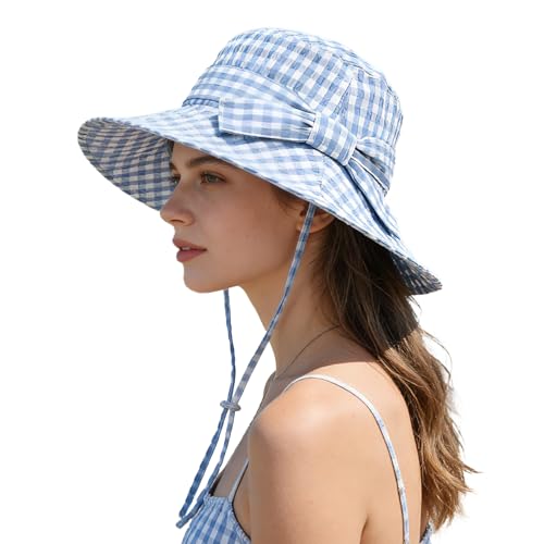 Women's Summer Plaid Sun Hat 100% Cotton Beach UV Protection Fishing Hat - color: Blue