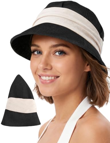 Babalet Women Summer Bucket Sun Hat Lightweight Beach Faux Linen Blend Bucket Hat Adjustable Foldable UV Protection Beach Cap - color: Solid Black / White Band
