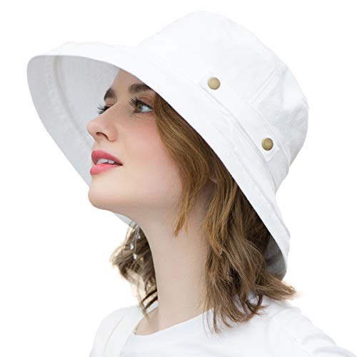 Womens Cotton Wide Brim Sun Hats UPF50+ UV Packable Beach Hat Summer Bucket Cap for Travel - color: Button Decoration-white