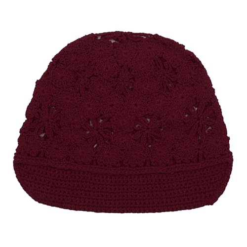 ZLYC Women Summer Slouchy Crochet Hat Handmade Cutout Skull Cap with Visor - color: Plain Burgundy, size: One Size